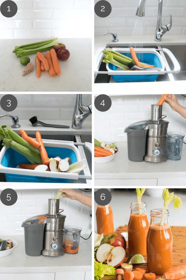 Step by step preparation shots of homemade carrot juice recipe