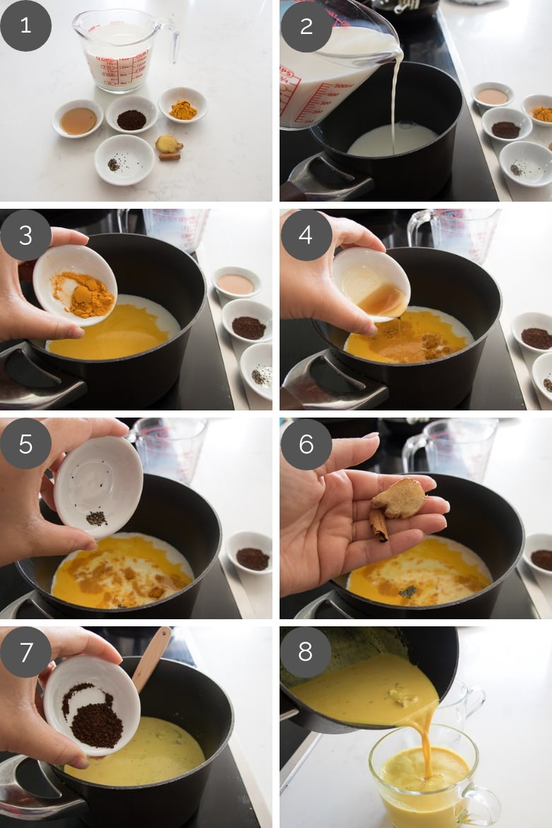 Step by Step preparation of golden milk latte with milk, spices and coffee prepared on cook top in a saucepan