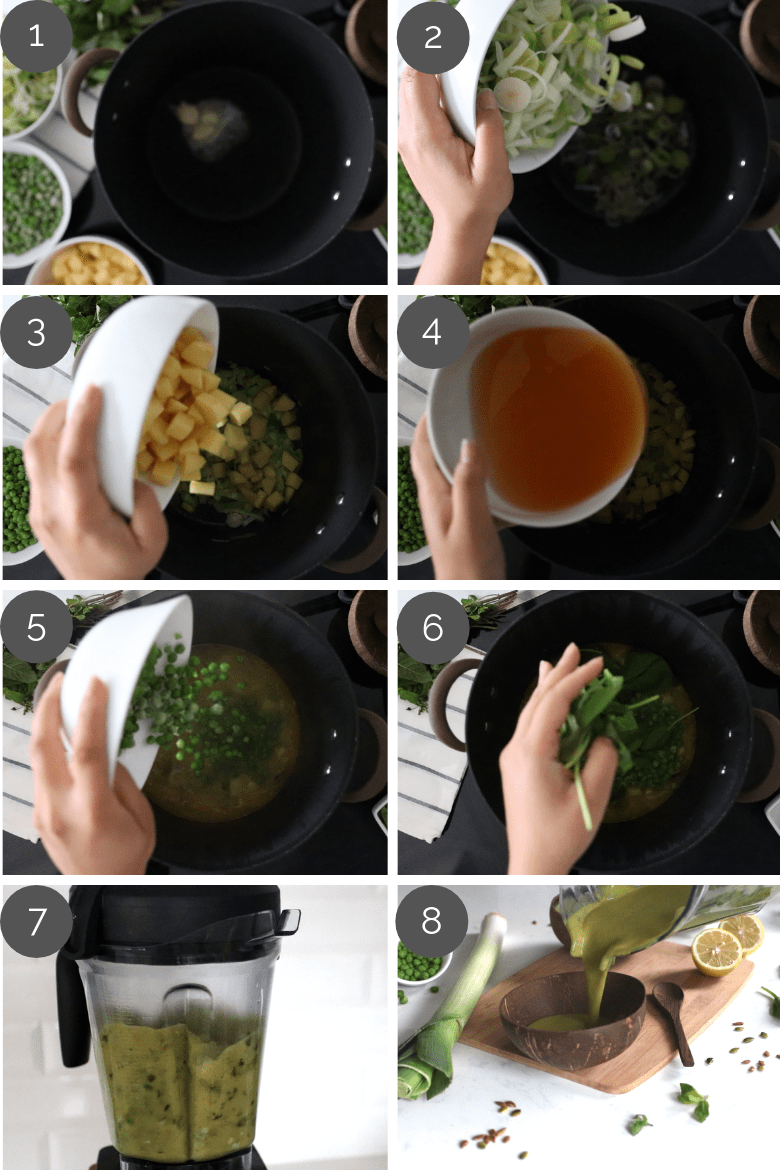 Step by step preparation shots of mint green pea soup