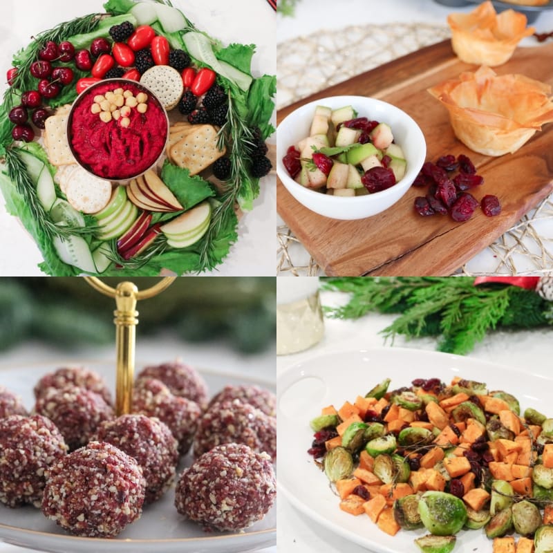 4 holiday recipes, a plant based platter, cranberry balls, filo cups filled with salsa and Brussels sprouts with sweet potatoes and dried cranberries
