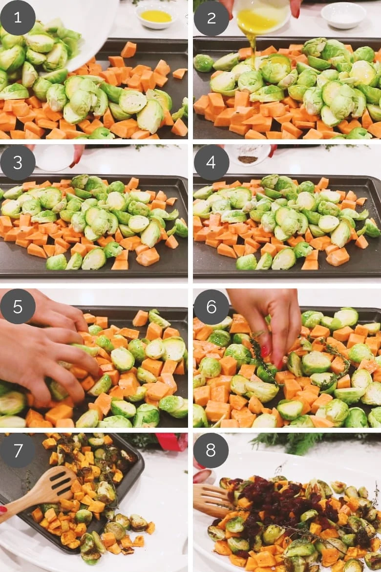 prep shots showing how to make Roasted Brussels Sprouts With Sweet Potatoes And Cranberries
