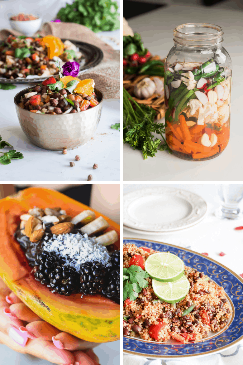 bowl of chickpeas, fermented vegetables har, papaya bowl of berries and tray of quinoa pilau