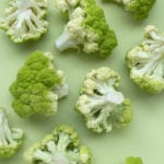 broccoli florets spread on a green canvas