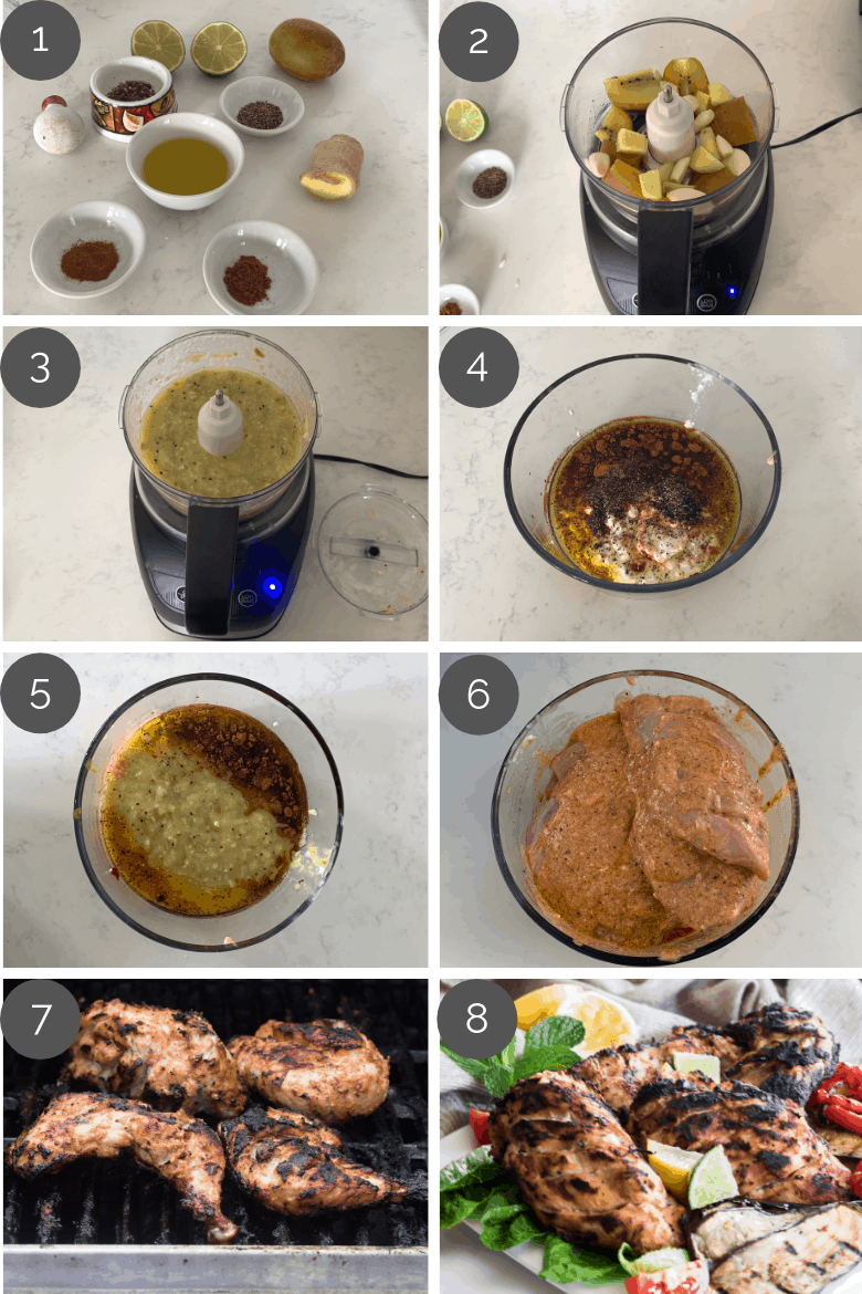 step by step prep shots of how to make grilled tandoori chicken