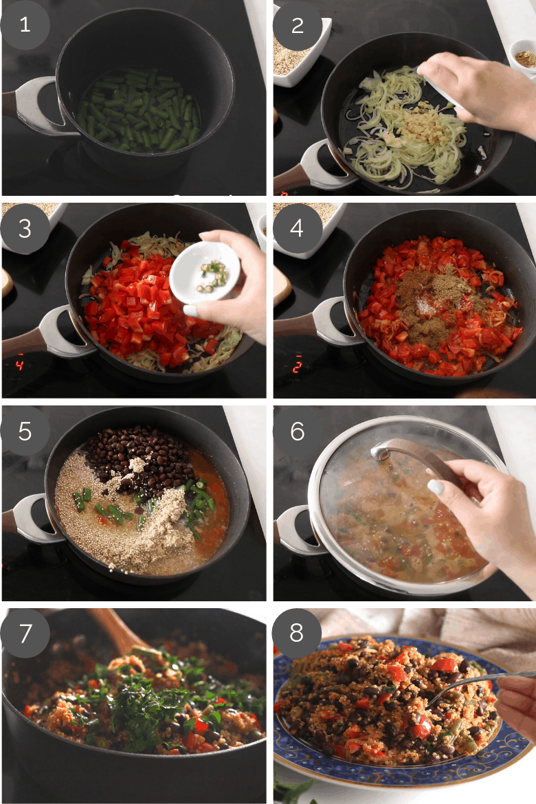 Step by step prep shots of how to make vegetarian quinoa pilau