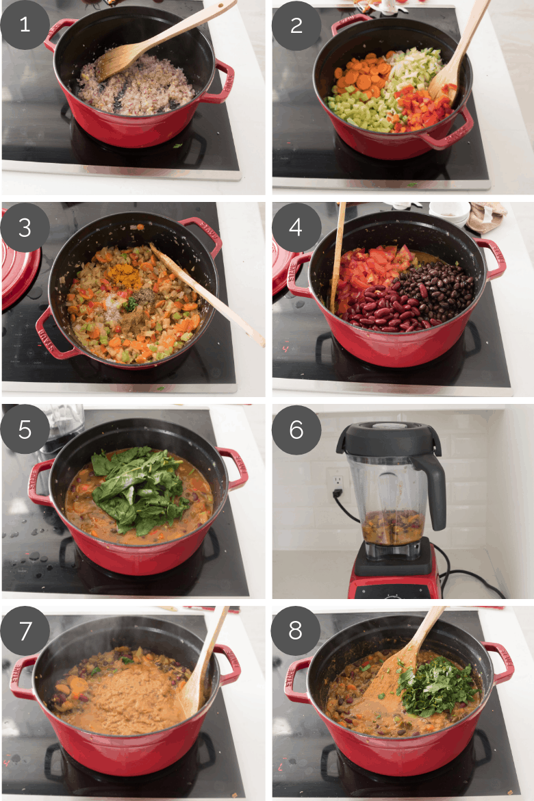 step by step prep shots of how to make superfood vegetarian chili