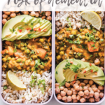 two rectangular lunch boxes with chickpeas, curry, rice and sliced avocados