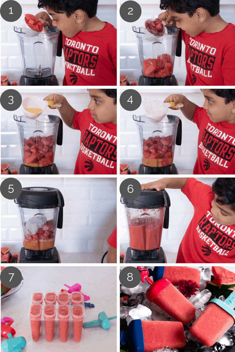step by step prep shots of a five-year old boy making strawberry popiscles
