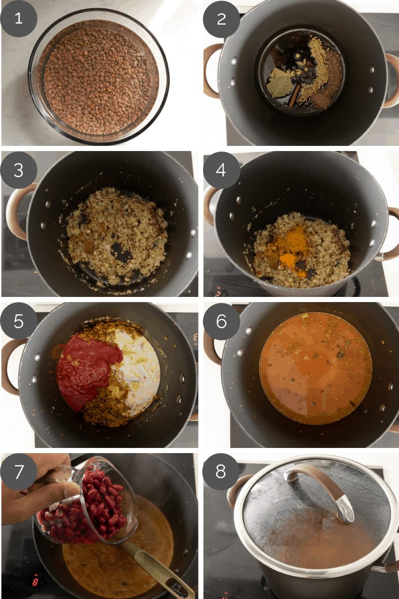 step by step preparation shots of how to make daal makhani (Indian lentil curry)