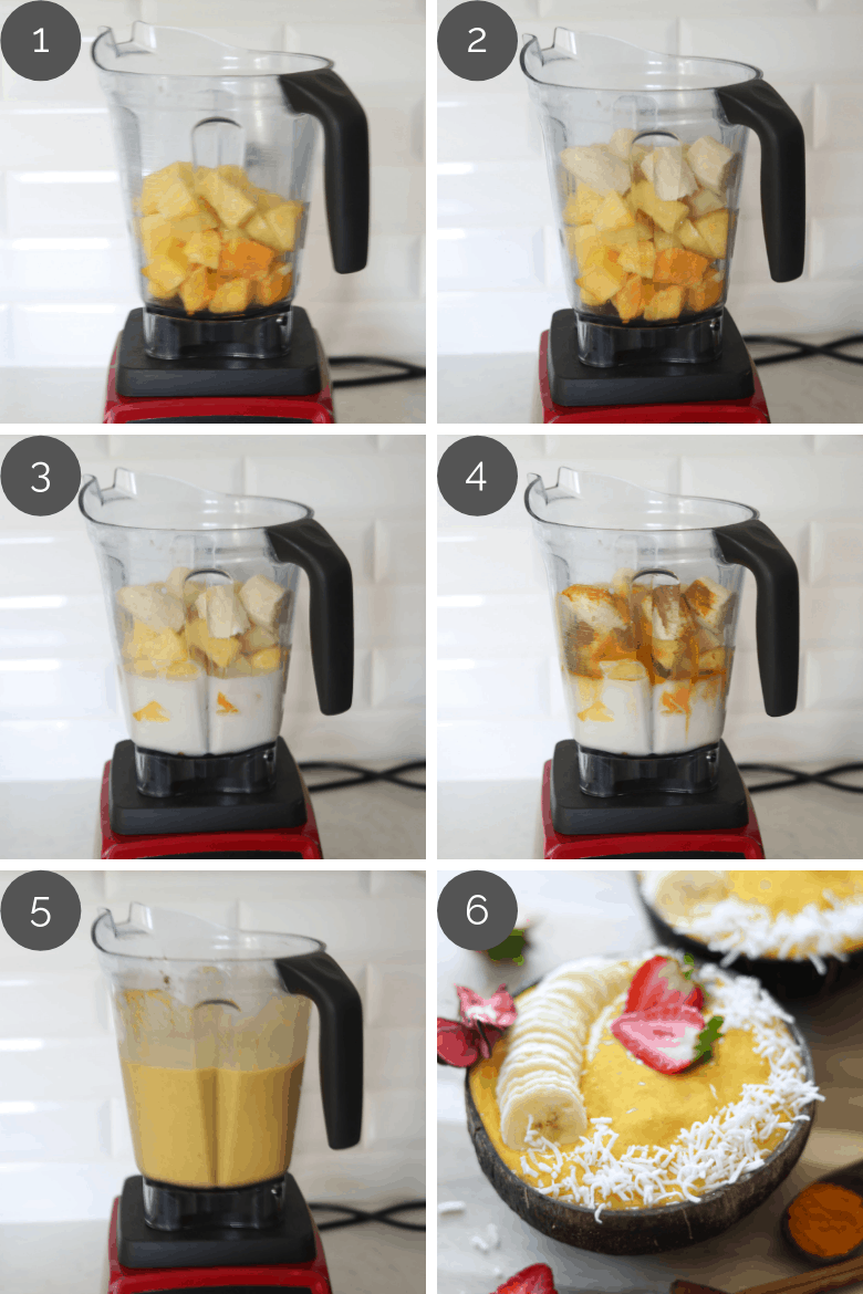 step by step preparation shots of how to make pineapple mango smoothie in a blender