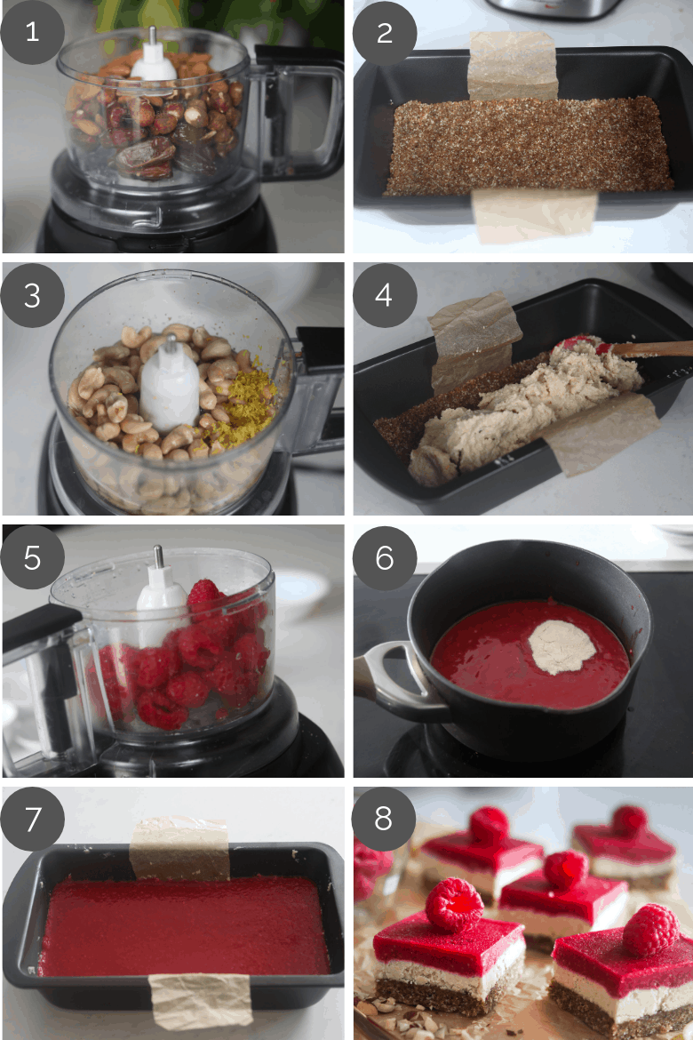 Step by step preparation shots of how to make raspberry vegan bars