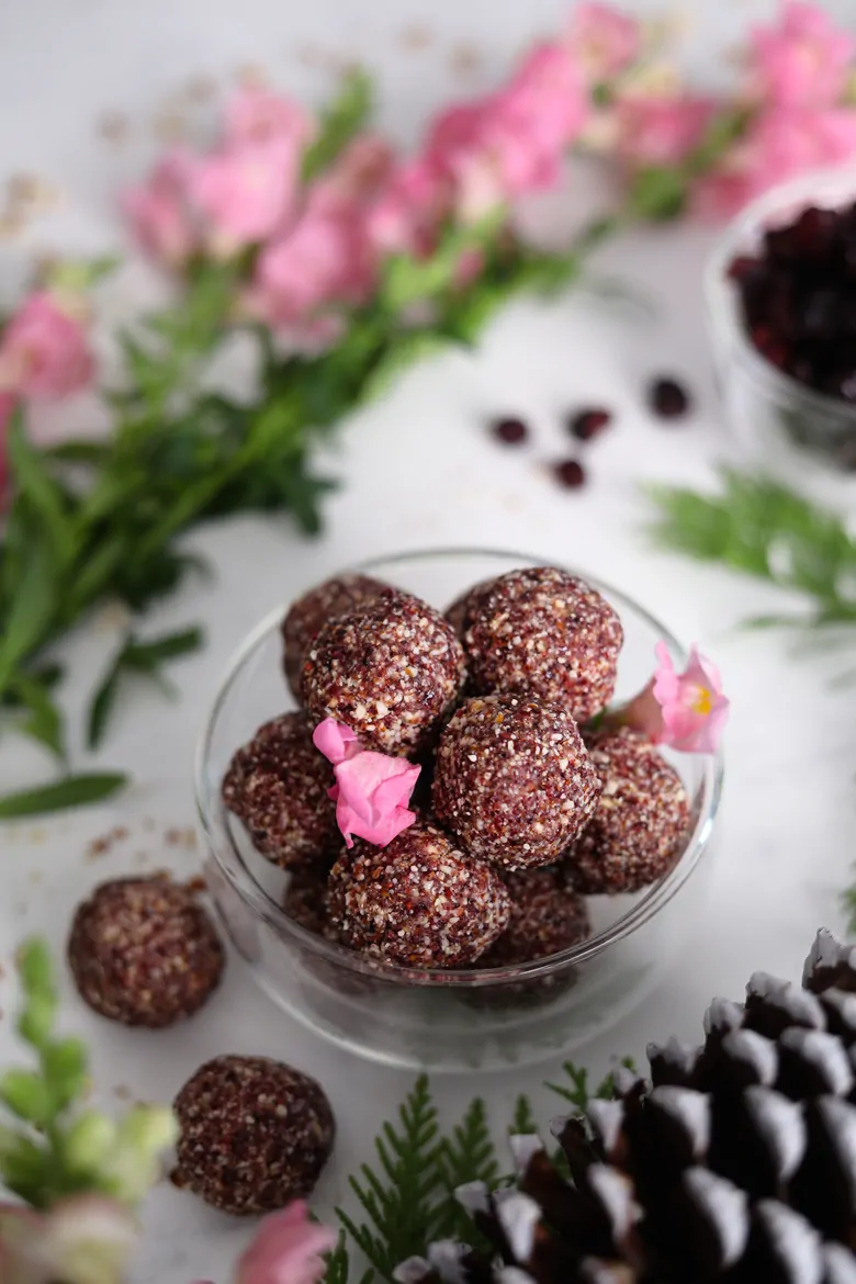 bowl filled with cranberry energy bites with pink flowers and dried cranberries in the background