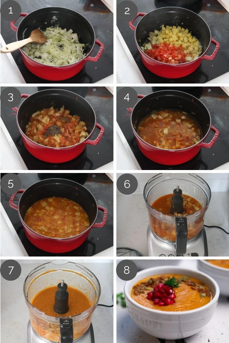 step by step preparation images of how to make an easy tomato soup recipe in a cooking pot and food processor