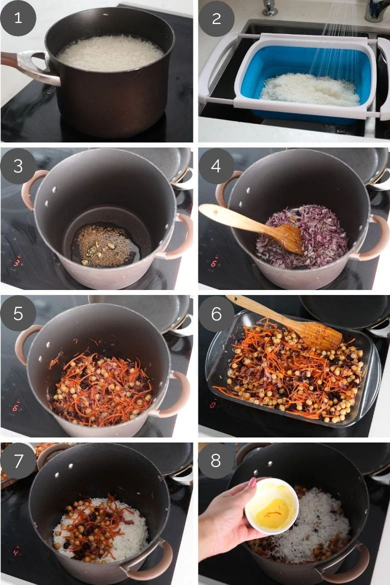 Step by step preparation images of how to make Persian rice on a stove top
