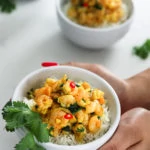 a lady holding a bowl of coconut shrimp curry on a bed of basmati rice garnished with fresh cilantro leaves