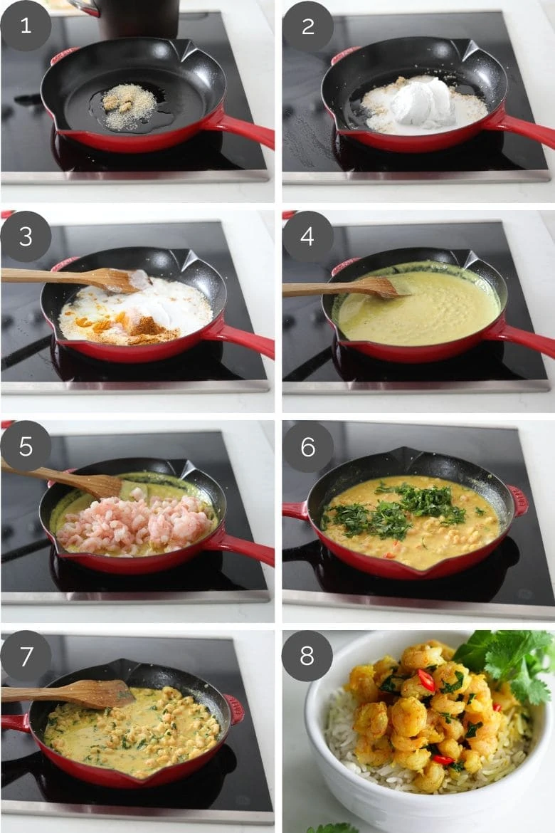step by step preparation images of how to make coconut shrimp curry in a red pan
