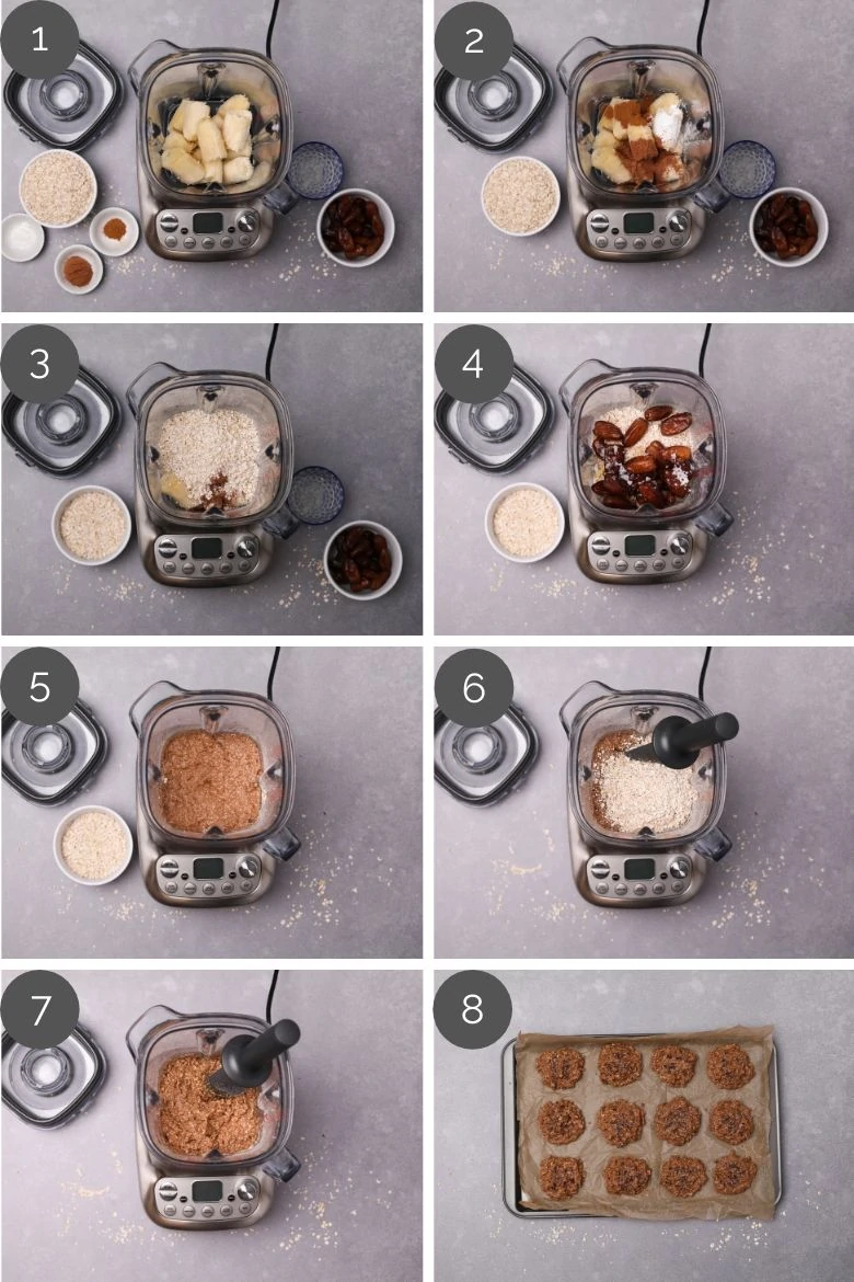 step by step preparation images of how to make chocolate oatmeal cookies in a blender