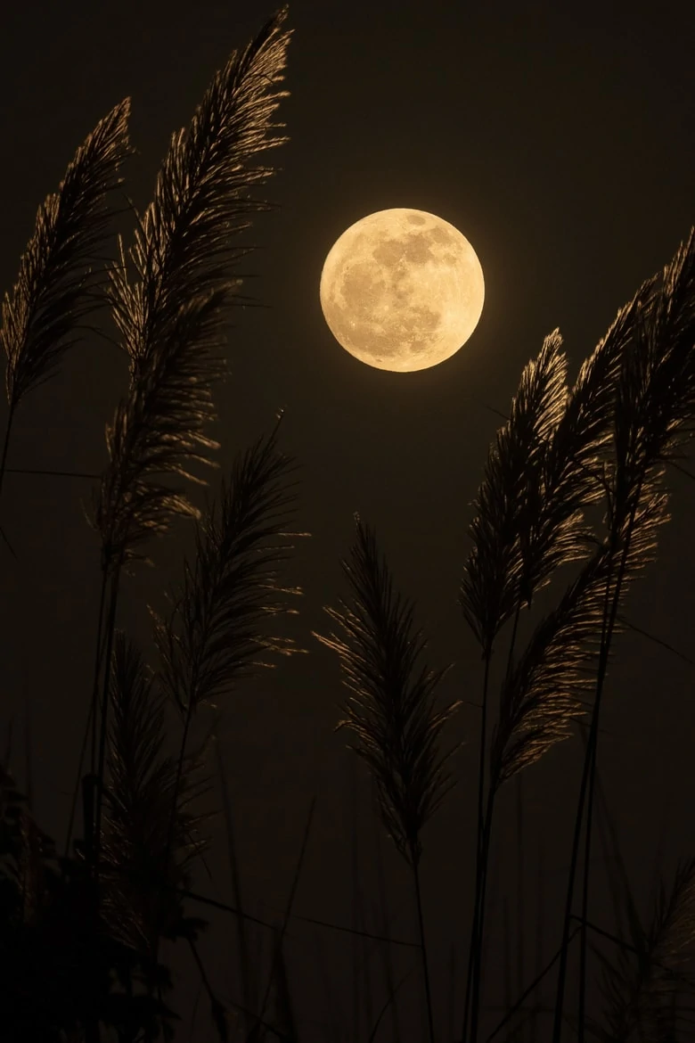 Full moom at night with golden plant branches in the forefront