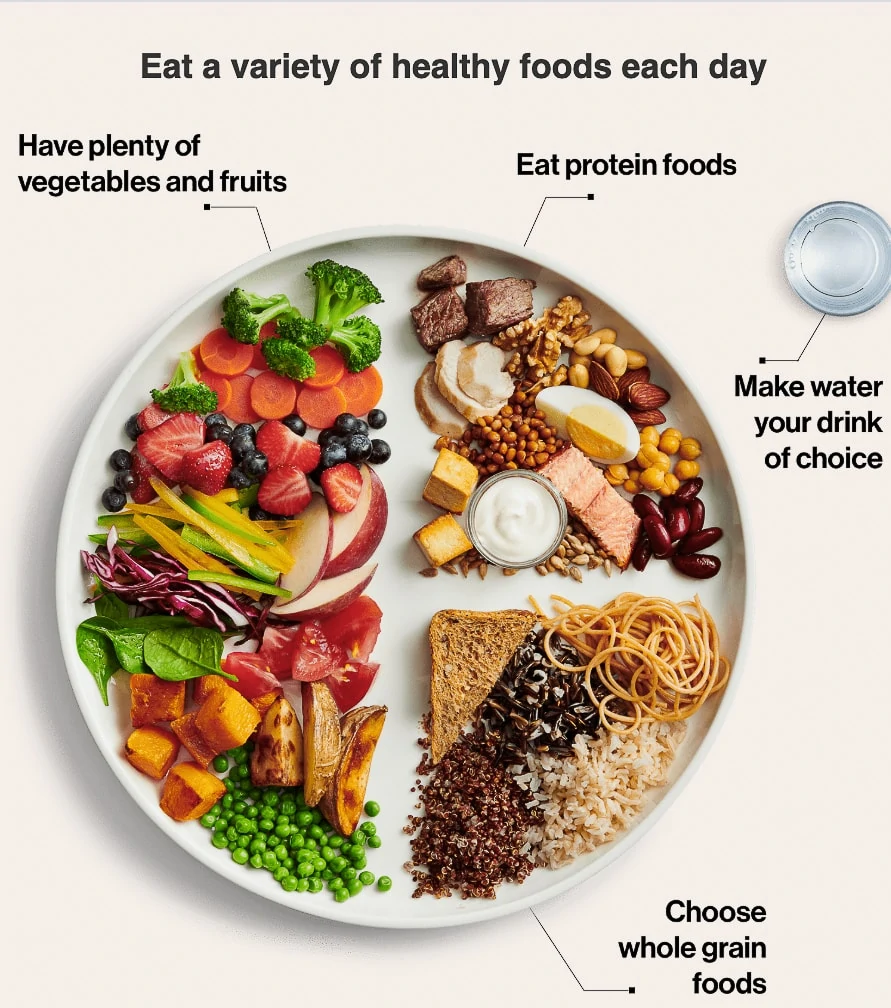 Canada's Food Guide plate with fruits and vegetables, fish, beans, meat and poultry, pasta, bread, rice and grains