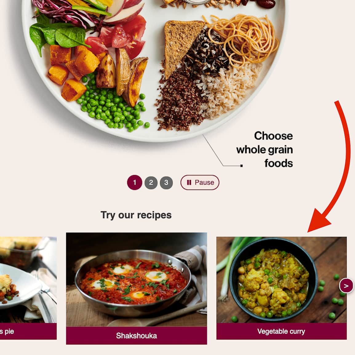 Canada's Food Guide plate with vegetables and grains with recipe images underneath