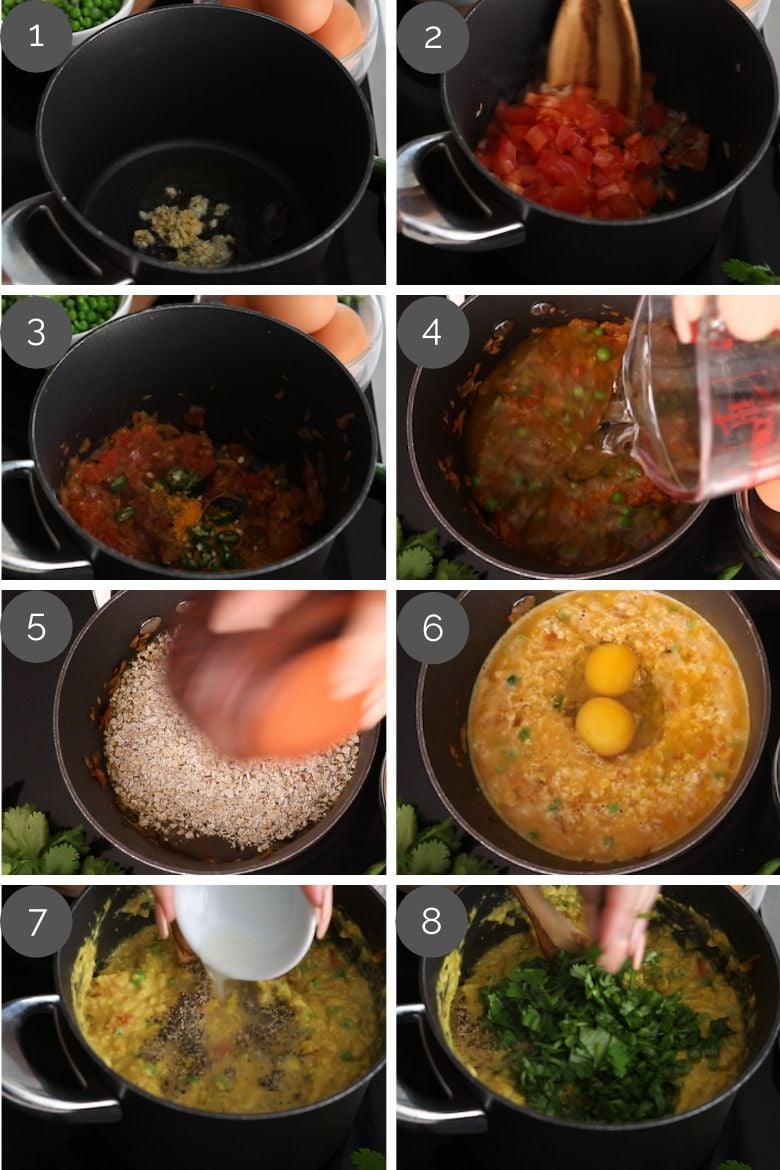 step by step images of how to make egg oatmeal breakfast in a cook pot