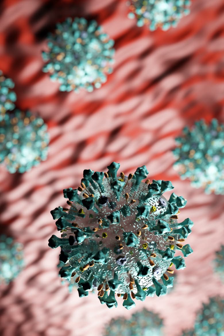 Coronavirus attack in microscopic view. Virus from Wuhan causing pandemic around the world. 3D render