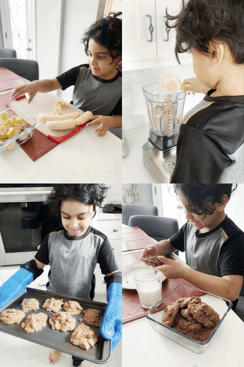 four images showing a little boy baking cookies