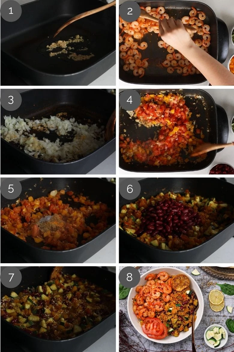 step by step preparation images of cooking vegetable quinoa garlic shrimp recipe in a skillet