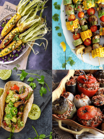 4 BBQ recipes collage: corn o the cob, vegetables kebabs, fajitas, and grilled stuffed vegetables