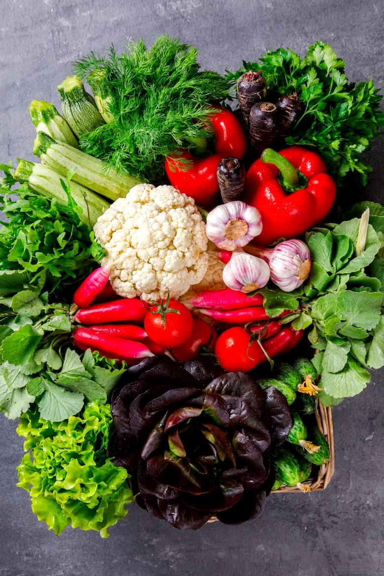 Fresh vegetable Mix and Greens in the Basket..Concept of Healthy Food.Food or Healthy diet concept.Super Food.Vegetarian.Buddha Bowl.Copy space for Text. selective focus.