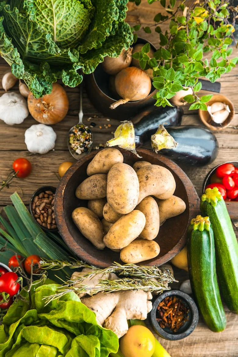 Vegetables on wood. Bio Healthy food, herbs and spices. Organic vegetables on wood