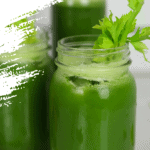 green juice in two mason jars and a bottle with celery stalks inside for decoration