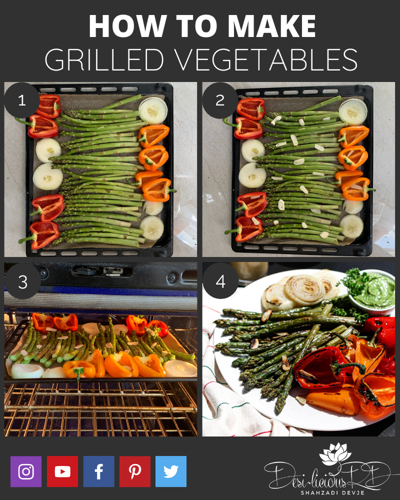 step by step preparation images of how to make grilled mixed vegetables. Asparagus and peppers on a gilling tray in the oven