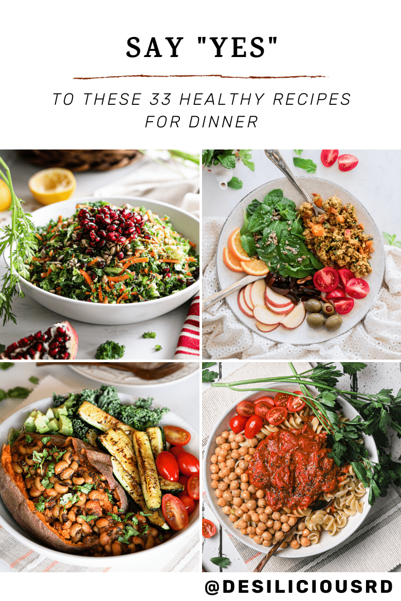 4 bowls of healthy dinner recipes displayed in a grid: two salads, one chickpeas dish and one black eyed peas dish