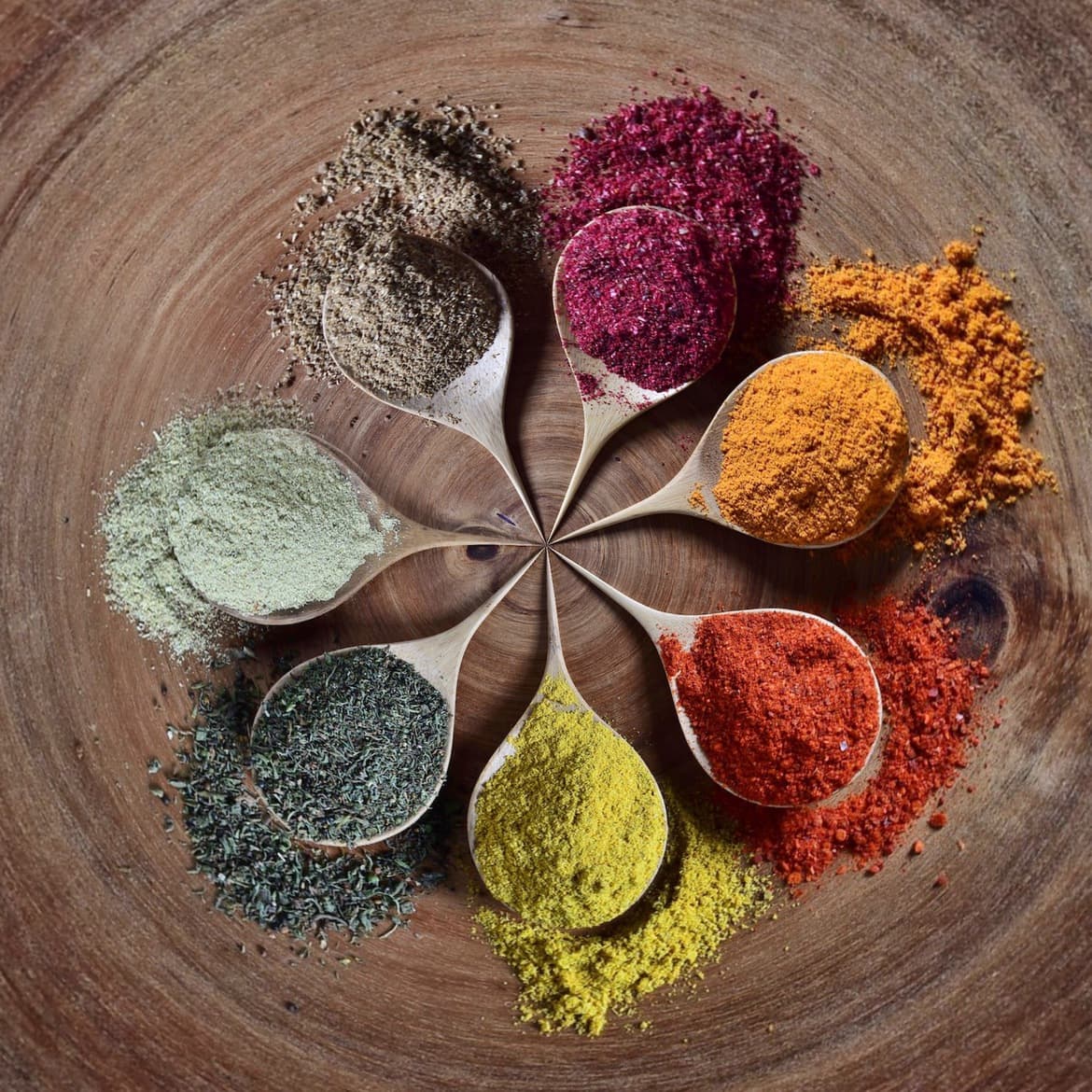 a selection of spices on spoons arranged in a circle on a brown surface