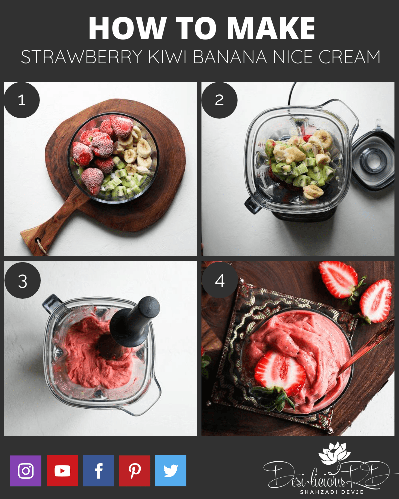 step by by step preparation shots of how to make strawberry nice cream in the blender