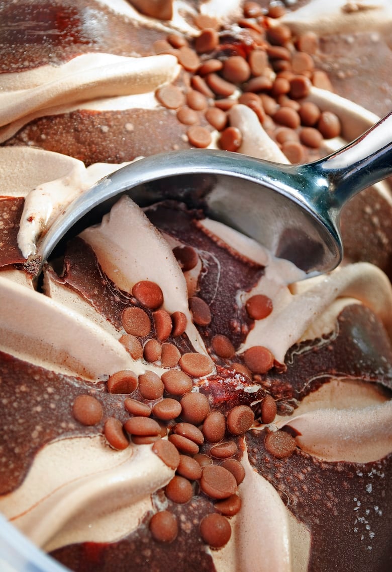 Closeup of spoon in chocolate ice cream