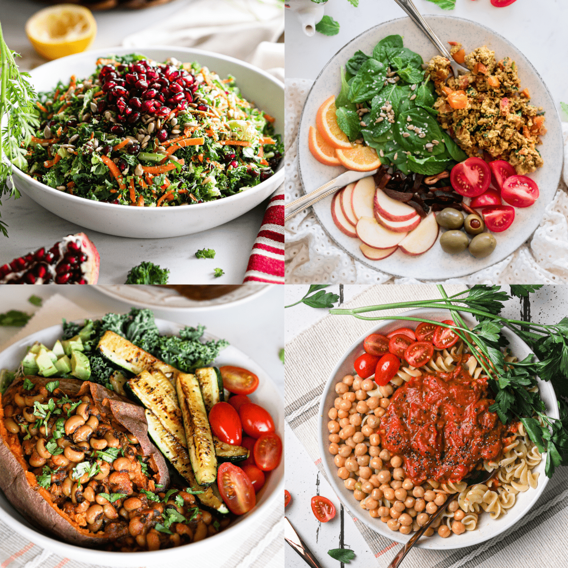 4 bowls of healthy dinner recipes displayed in a grid: two salads, one chickpeas dish and one black eyed peas dish