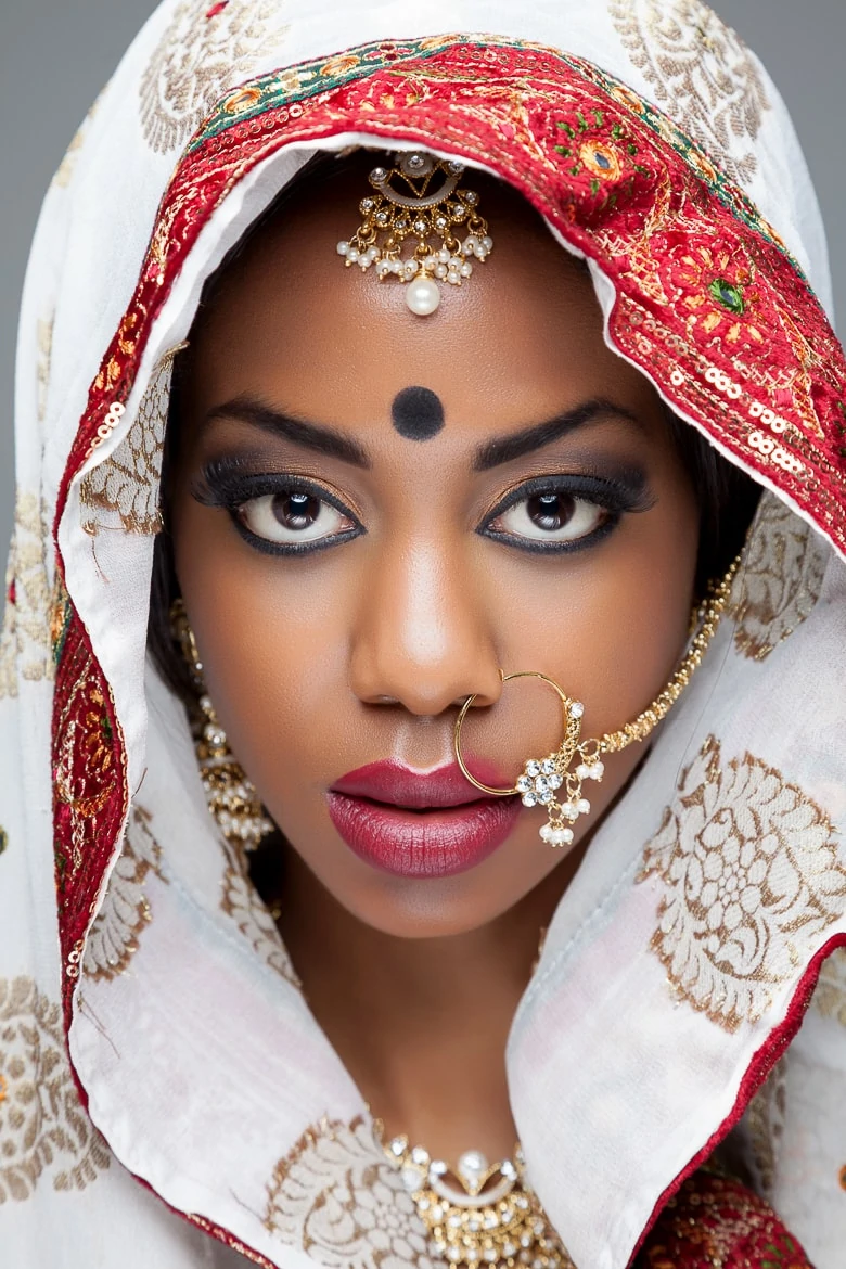 Young Indian woman dressed in traditional clothing with bridal makeup and jewelry