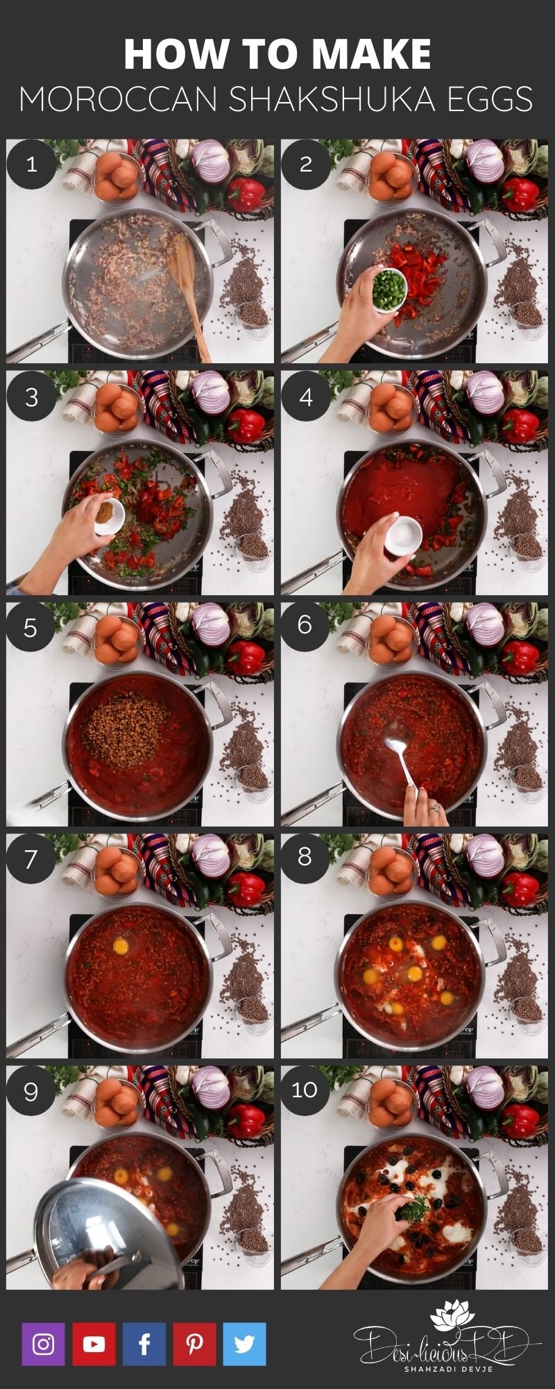 step by step preparation shots of how to make shakshuka with eggs in a skillet pan. Ten images - flatlay of cooking.