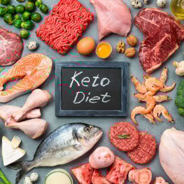 Keto diet concept. Raw ingredients for low carb diet - meat, poultry, fish, seafood, eggs, beef bones for bone broth and words Keto Diet on gray stone background. Top view or flat lay.