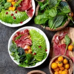 Low carbs bowl. Fresh salad with green spinach, rucola, avocado an ham serrano in white bowl, gray background, top view.