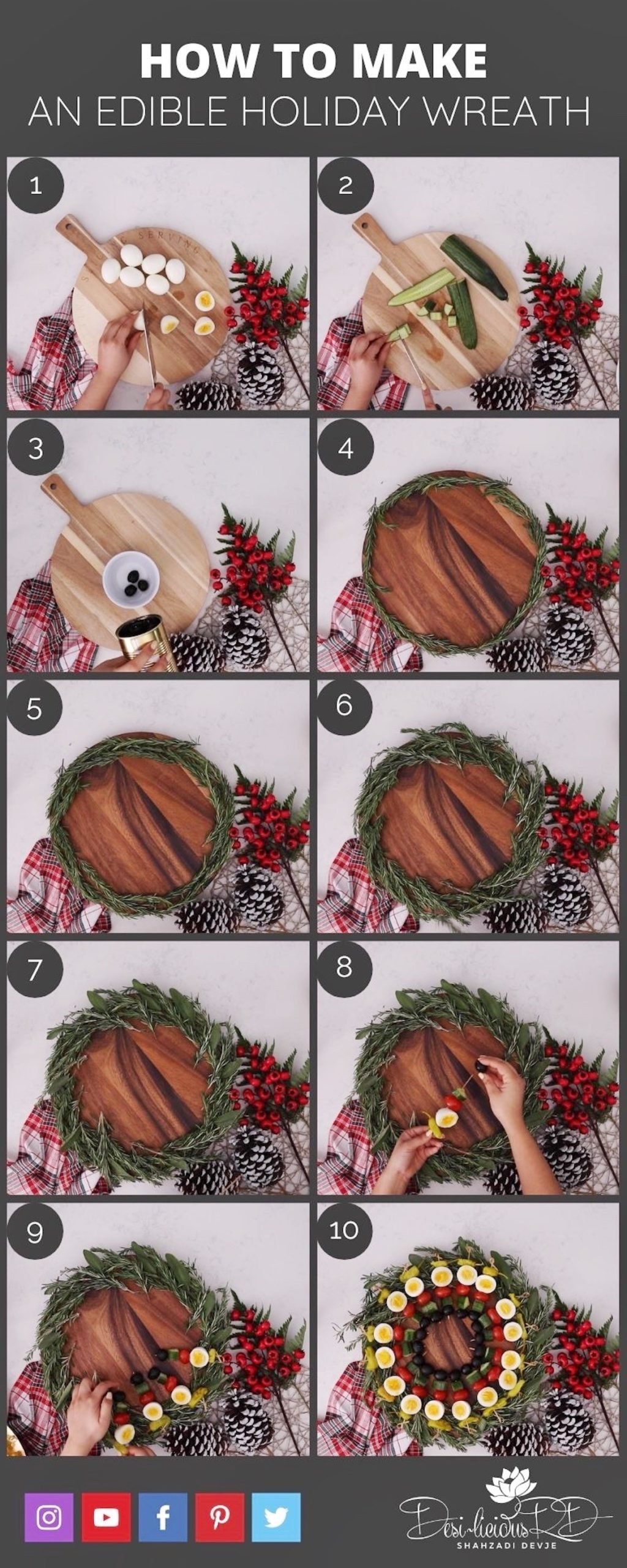 step by step preparation shots of how to make an edible holiday wreath - a low carb appetizer using boiled eggs for your holiday table.