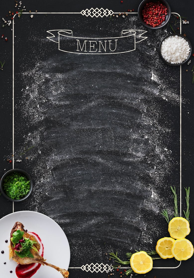 Design concept for restaurant menu mockup. Black rustic chalkboard with white inscription and vegetables frame, top view, copy space for text and logo