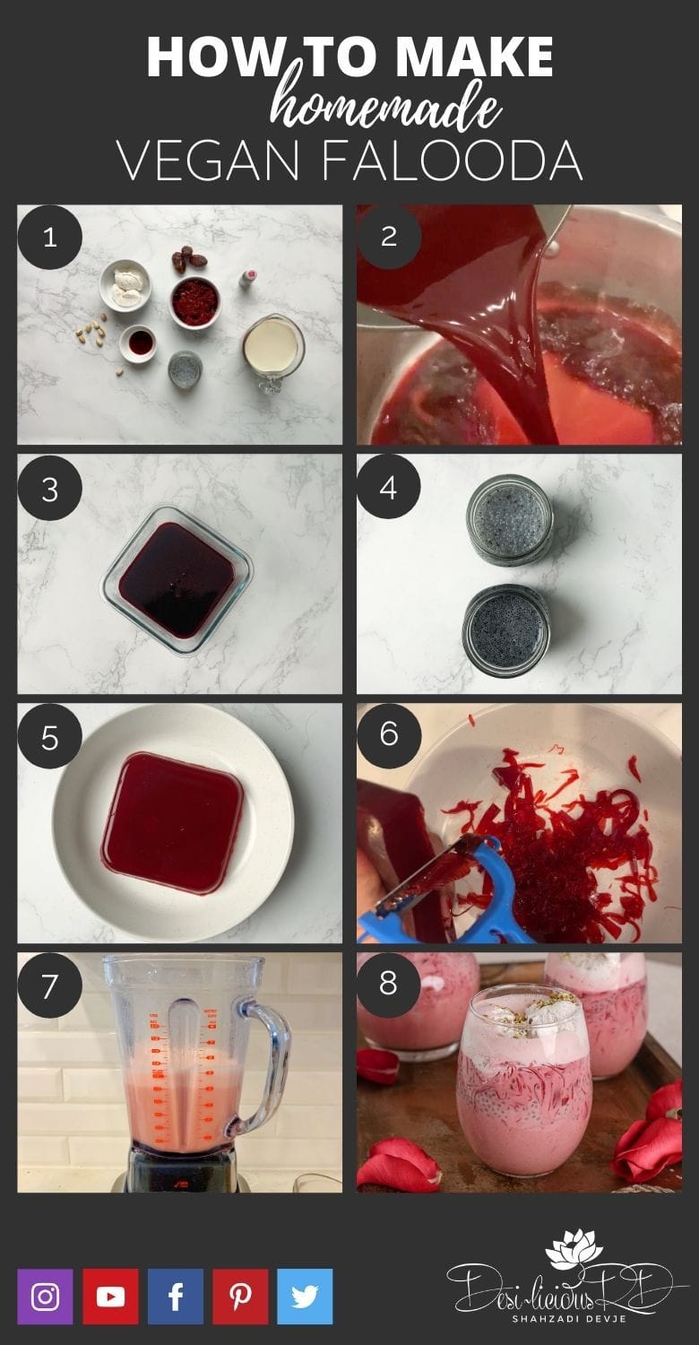 Step by step prep shots of how to make vegan falooda recipe using beet juice. and basil seeds