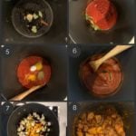 step by step preparation shots of Indian eggplant curry in one pot.