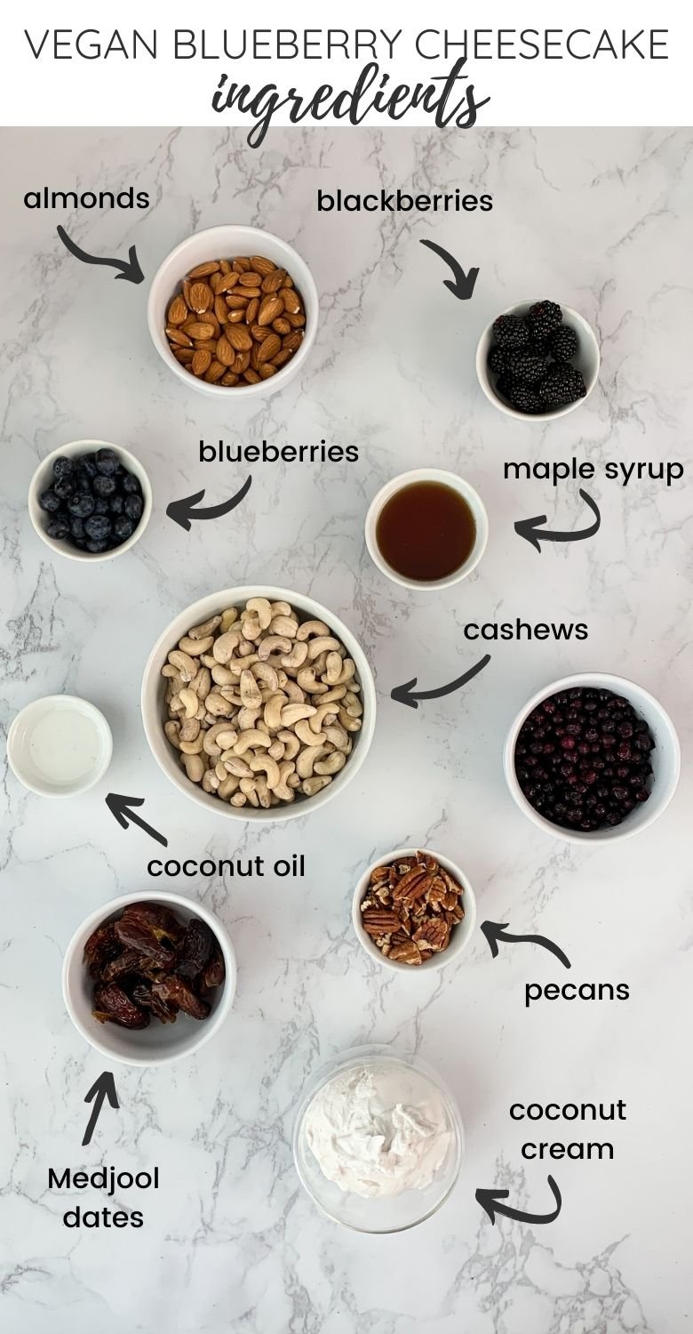 flat-lay of ingredients - with labels - for blueberry vegan cheesecake