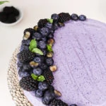 angle shot of a blueberry dessert cake topped with black and blueberries, on a stand.