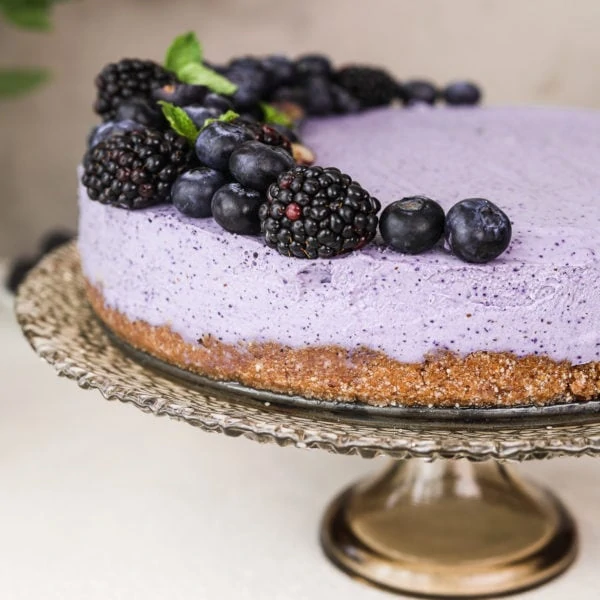 perspective shot of a blueberry dessert cake topped with black and blueberries, on a stand.