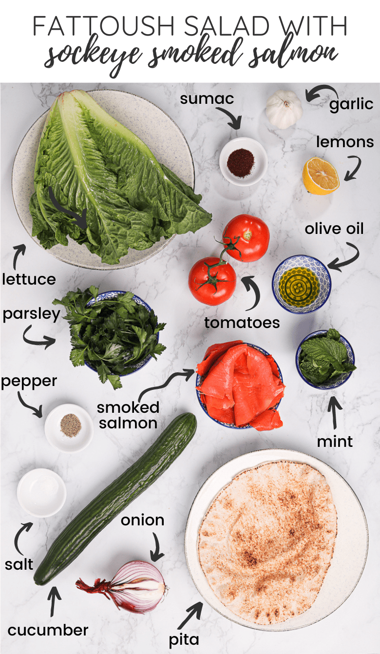 infographic showing how to make Fattoush Salad with smoked salmon